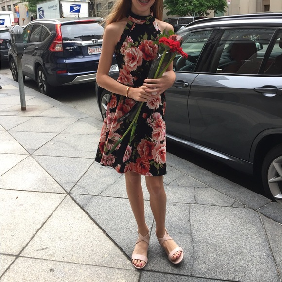 B Darlin Skater Dress, Black with Pink Peony Print - Picture 10 of 10